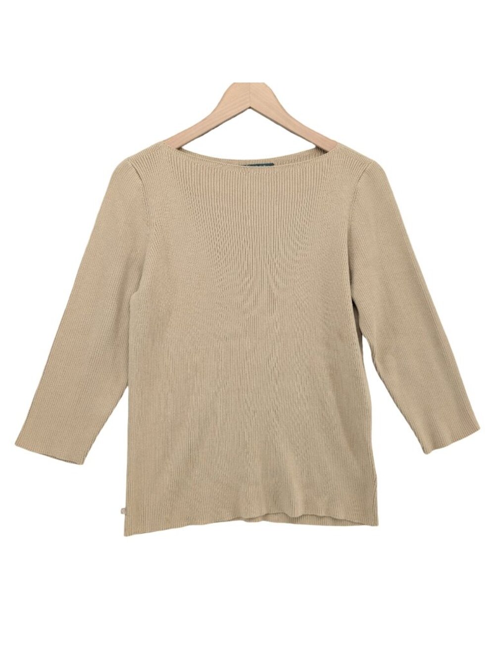 Vtg Lauren Ralph Lauren Sweater Womens Tan Ribbed Boat Neck 3/4 Sleeve Sz XL